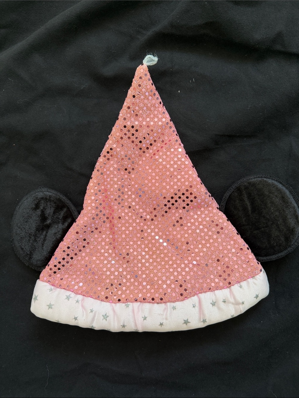 Disney Resorts Vintage Pink Sequin Cone Hat with Black Ears and White Star Trim